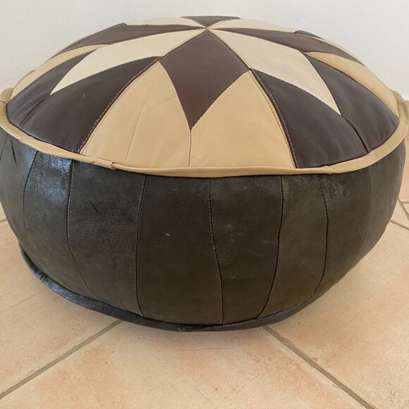 Round Leather Pouf Ottoman - Picture 1 of 5